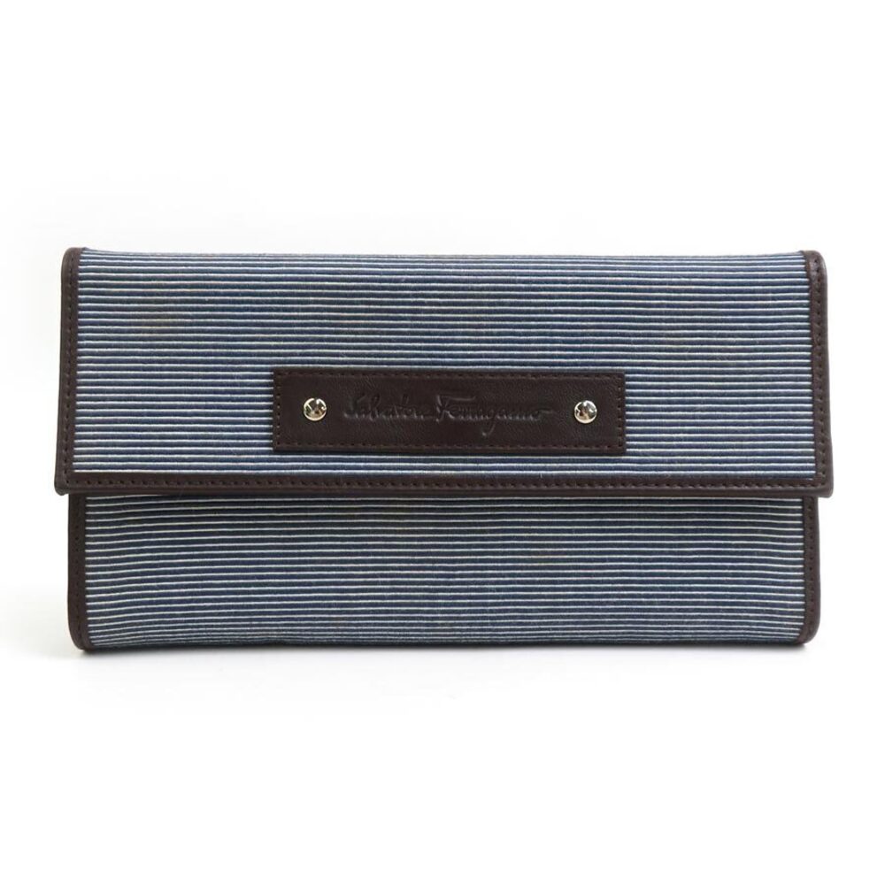 Salvatore Ferragamo Tri fold Wallet Long Canvas Leather Navy Blue White Brown